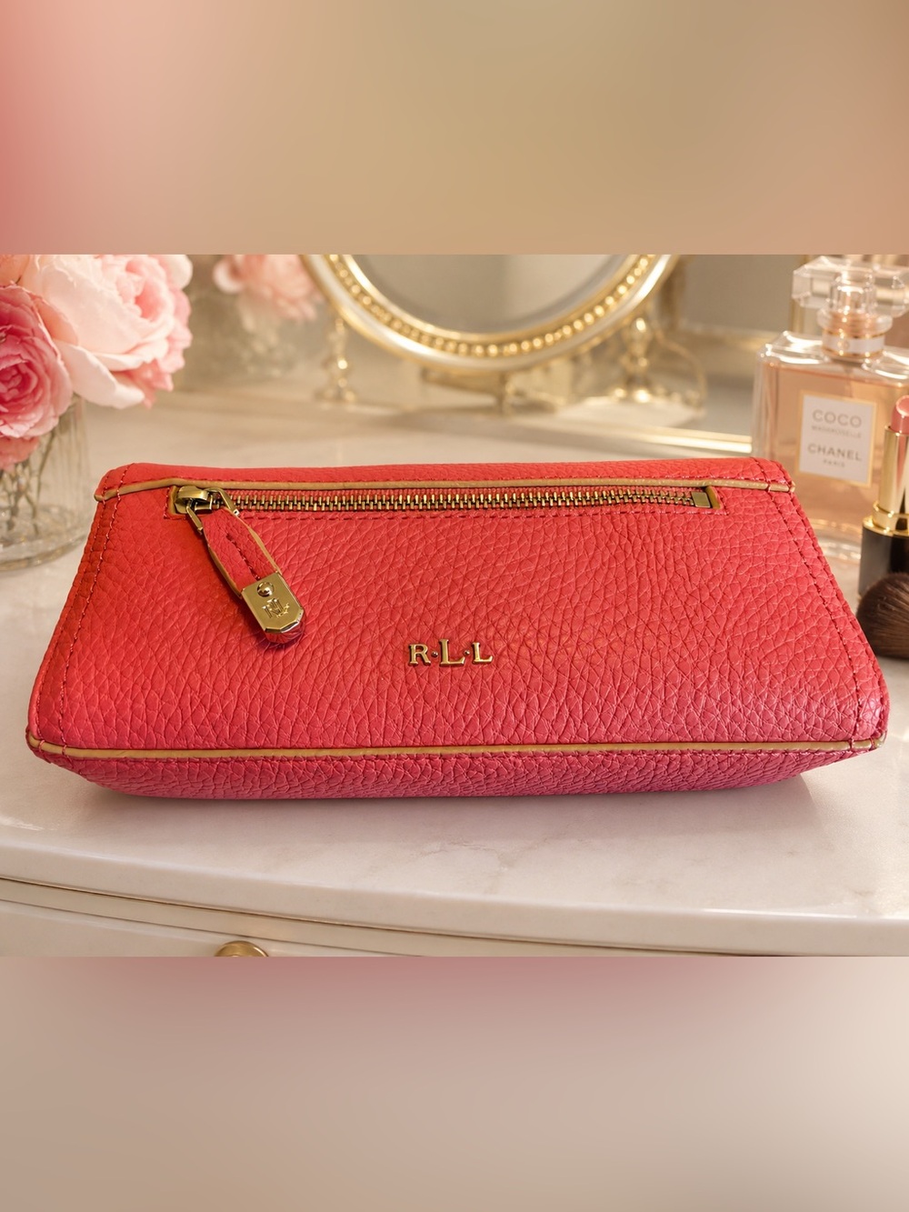Lauren Ralph Lauren Coral Pink Cosmetic Bag Pouch Pebbled NWT $68 Retail